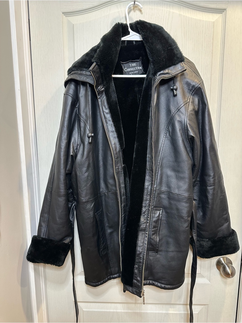 Vintage The Connection New York Hooded Leather Belted Faux Fur Lined Coat XL